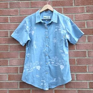 Roberta Oaks Navigation Blue White Aloha Hawaiian Medium Button Down Shirt Top